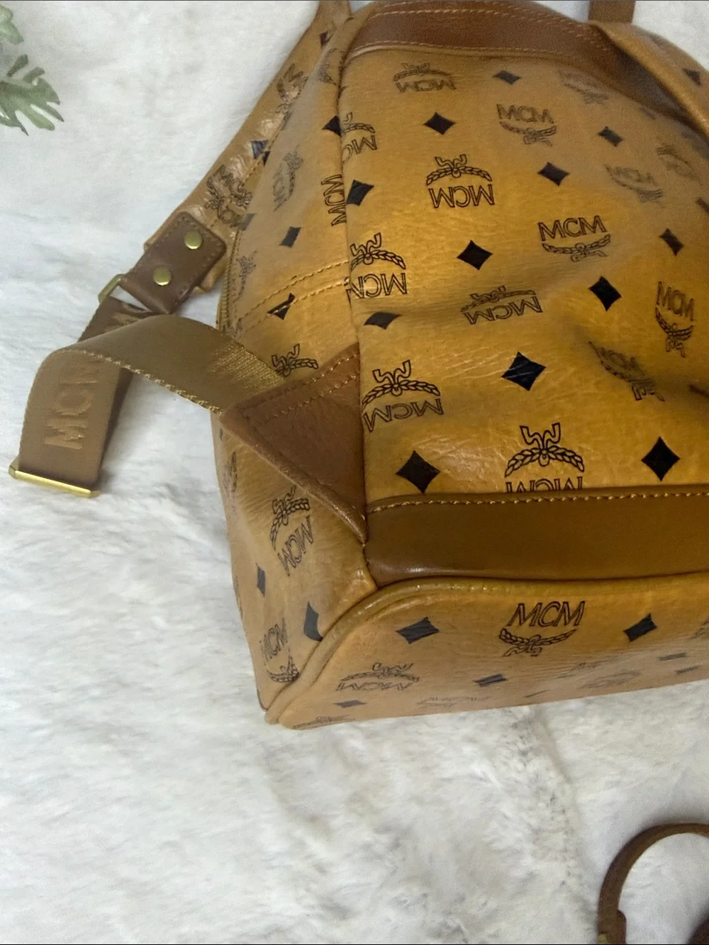 MCM Cognac Visetos Monogram Studded 2- Way Backpack Removable Pouch and Strap
